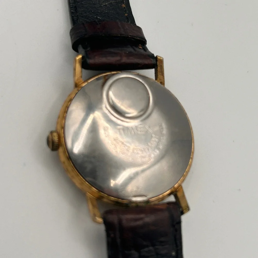 Vtg‎ Timex Electric Mens Watch Gold Tone Champagne Dial Brown Leather FOR REPAIR